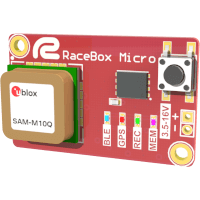 The RaceBox Micro: a bare red circuit board with a GPS antenna module and a push button.