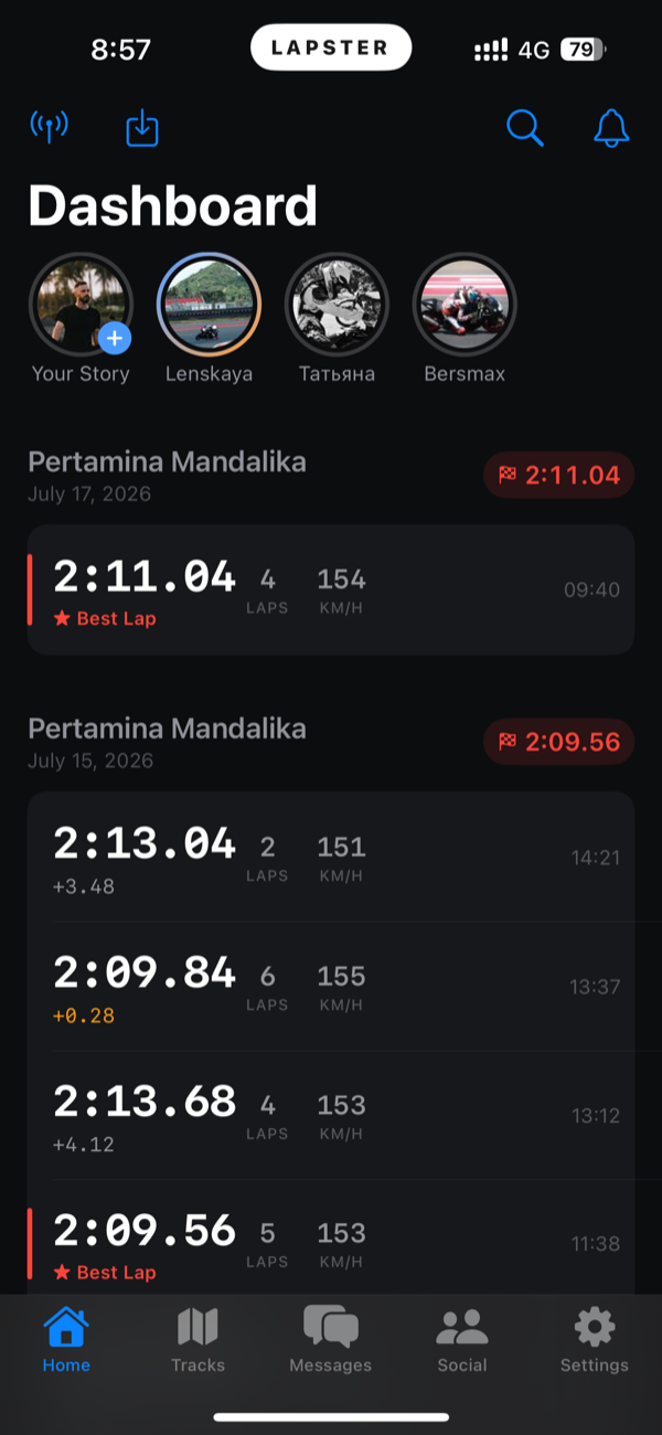 Lapster dashboard: a row of rider stories above a session list, each session showing its lap time, lap count and a red best-lap marker.