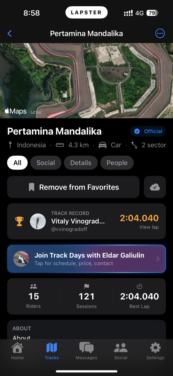 Track detail for Pertamina Mandalika in Lapster: a satellite aerial of the circuit, an Official badge, and the current track record.