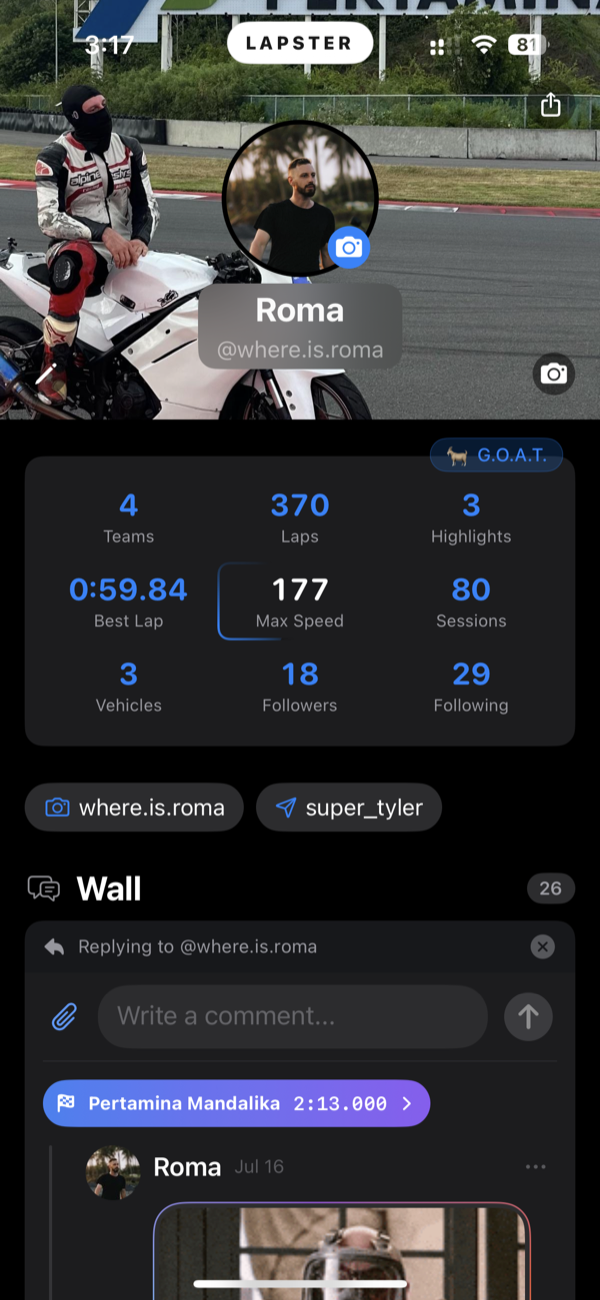 A Lapster rider profile: a cover photo of a rider in leathers beside a sportbike, and a grid of their riding stats.